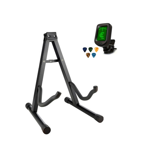 Atril Plegable Tipo A + Afinador Pinza Cromático Con 5 Uñeta