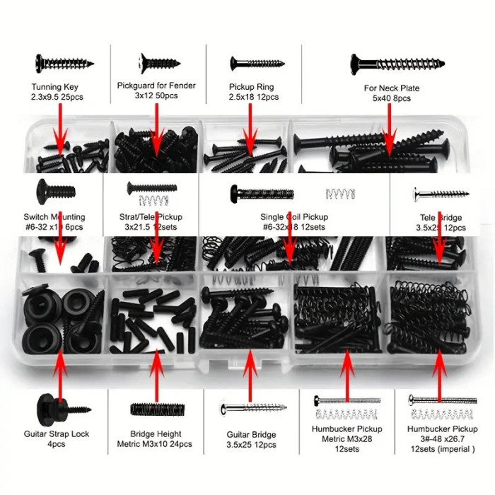 Kit 201 piezas tornillos y resortes para guitarra negros